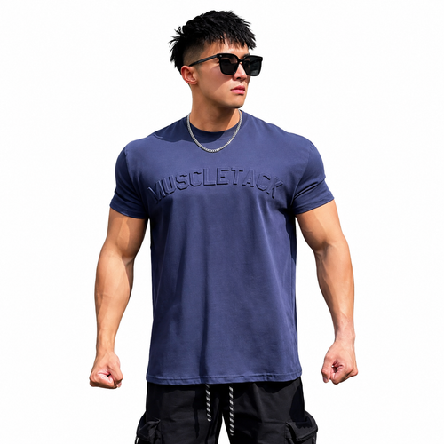 Mens deep navy embossed logo tee with short sleeves and clean gym style
