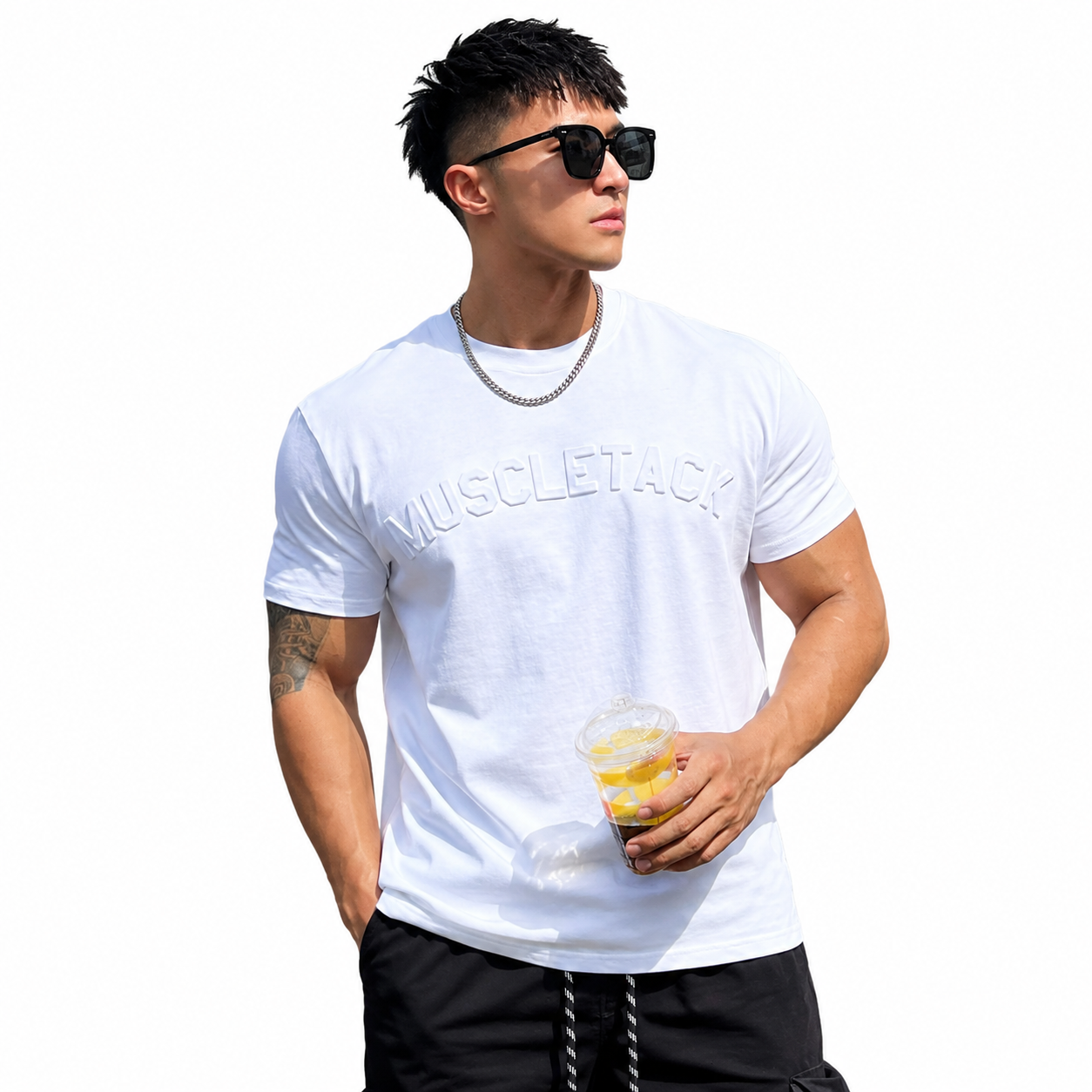 Mens white embossed logo training tee with minimal athletic look