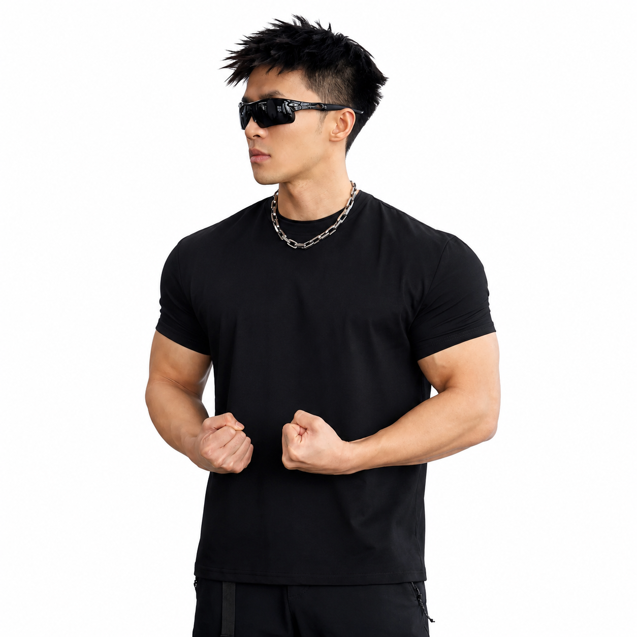 Mens black core athletic tee with minimal solid color design
