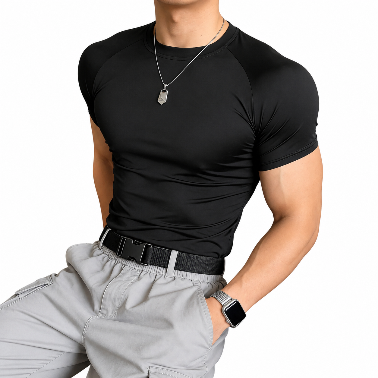 Mens black raglan compression fit tee with close athletic shape