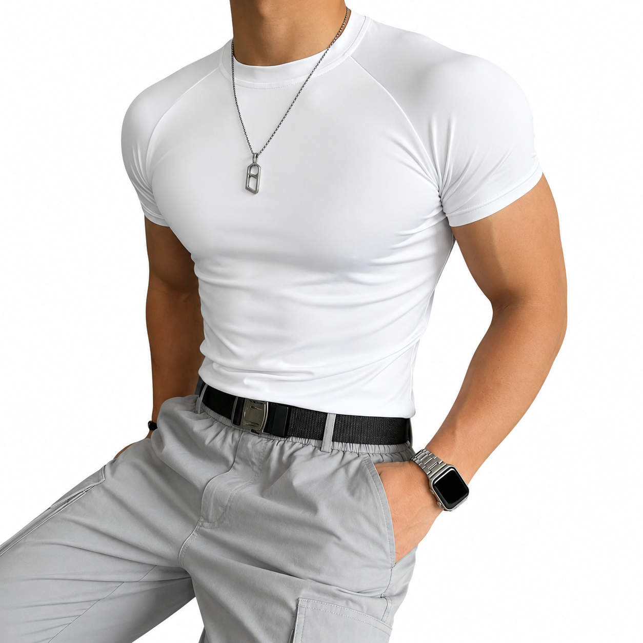 Mens white raglan compression fit tee with smooth stretch training look