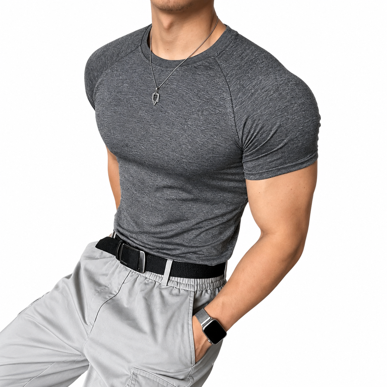 Mens textured grey raglan compression tee with fitted short sleeve design