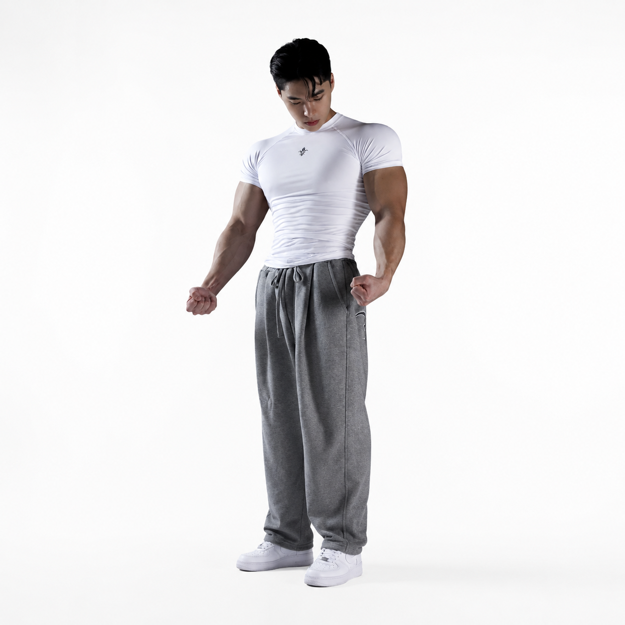 Clean White: Mens white minimal logo compression tee with close athletic fit and short sleeves