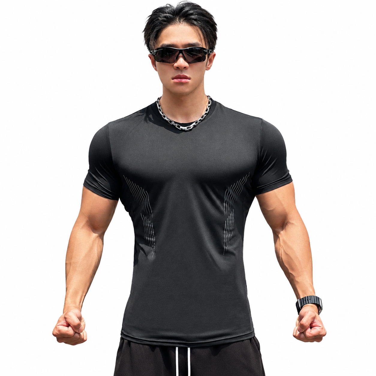 Core Black: Mens black contour compression training tee with short sleeves and side line graphics