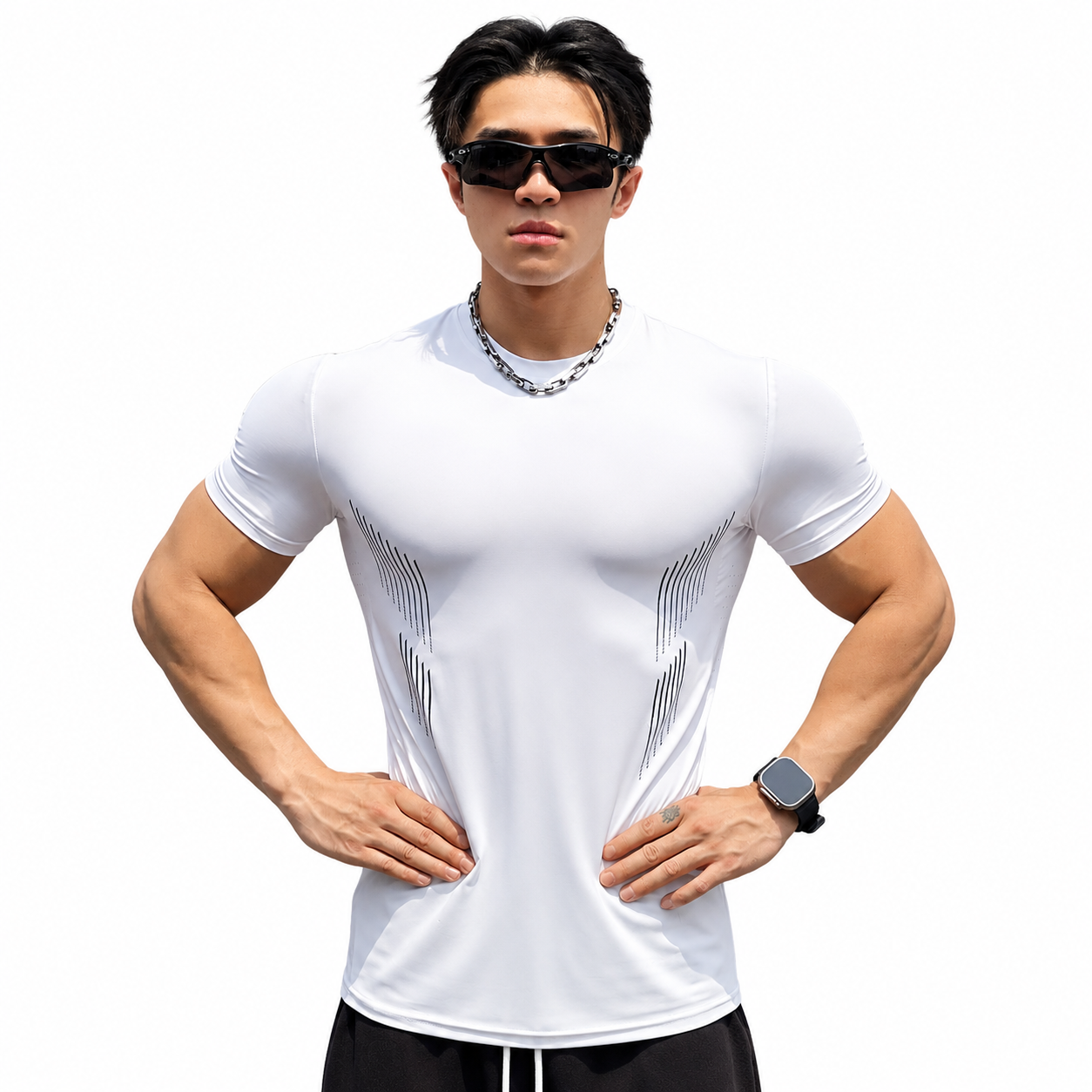 Clean White: Mens white contour compression training tee with fitted shape and black side graphics