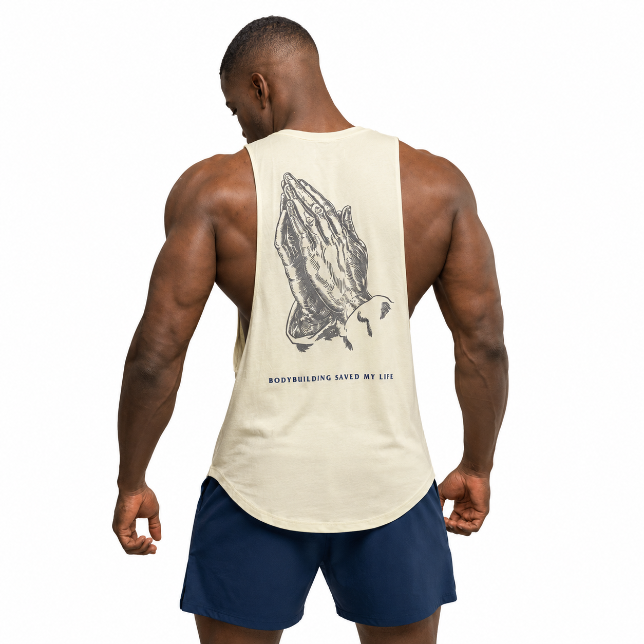 Vintage Cream: Mens vintage cream graphic cutoff tank with praying hands back print and curved hem