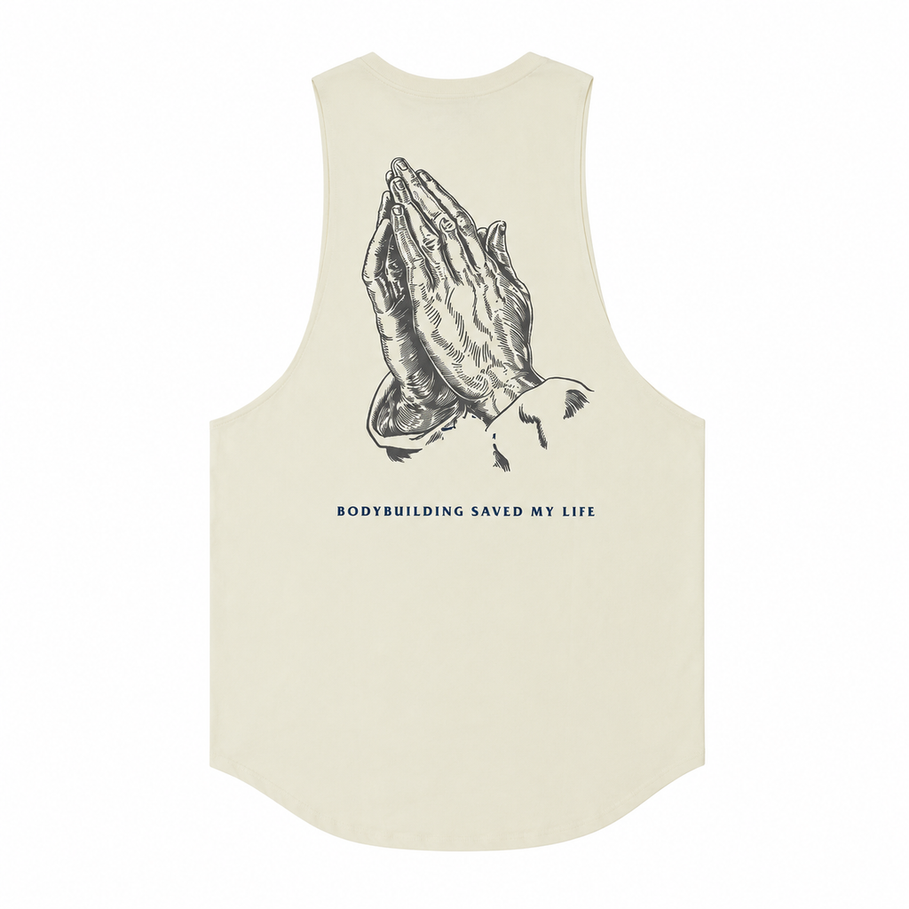 Vintage Cream: Mens vintage cream graphic cutoff tank with praying hands back print and curved hem
