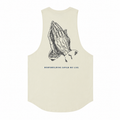 Vintage Cream: Mens vintage cream graphic cutoff tank with praying hands back print and curved hem