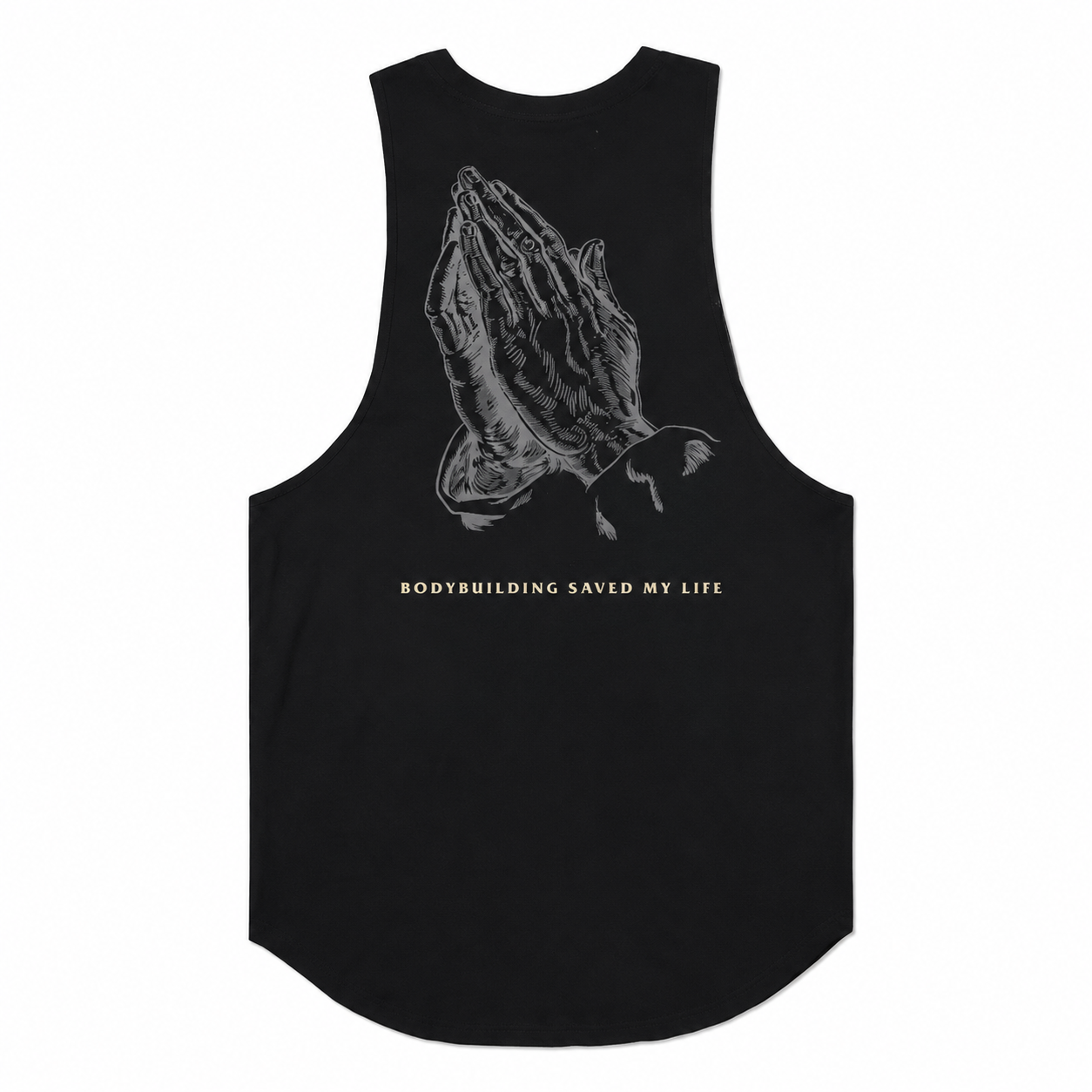 Core Black: Mens black sleeveless graphic cutoff tank with praying hands back design