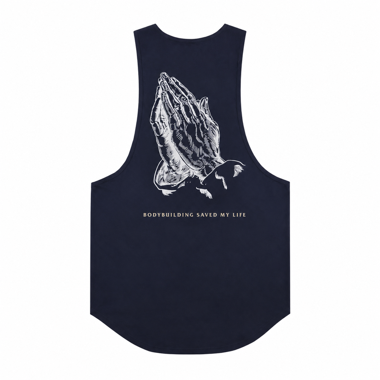 Deep Navy: Mens deep navy cutoff tank with large praying hands back graphic