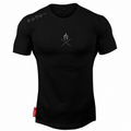 Core Black: Mens black muscle fit tee with warrior crest chest logo and shoulder script detail