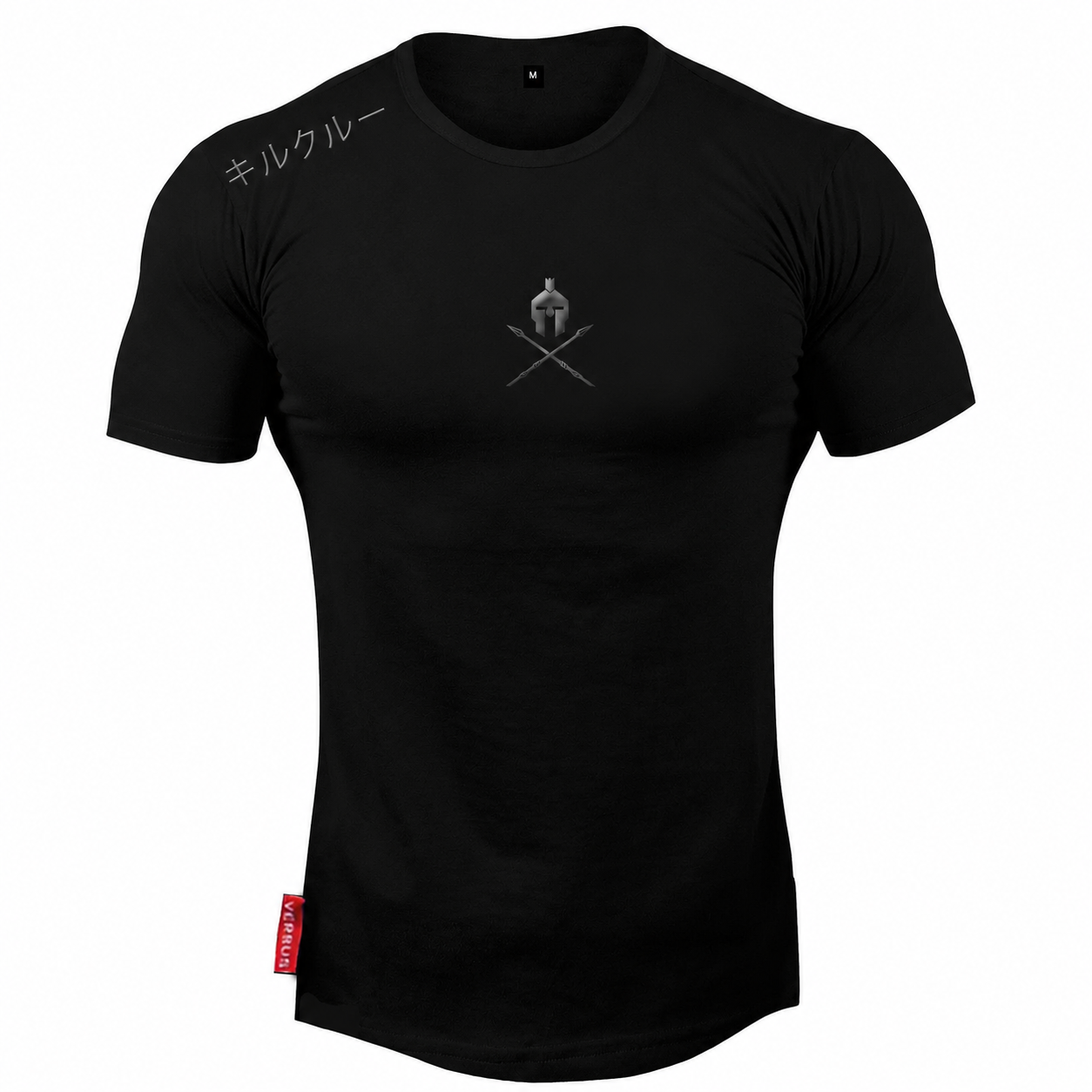 Core Black: Mens black muscle fit tee with warrior crest chest logo and shoulder script detail