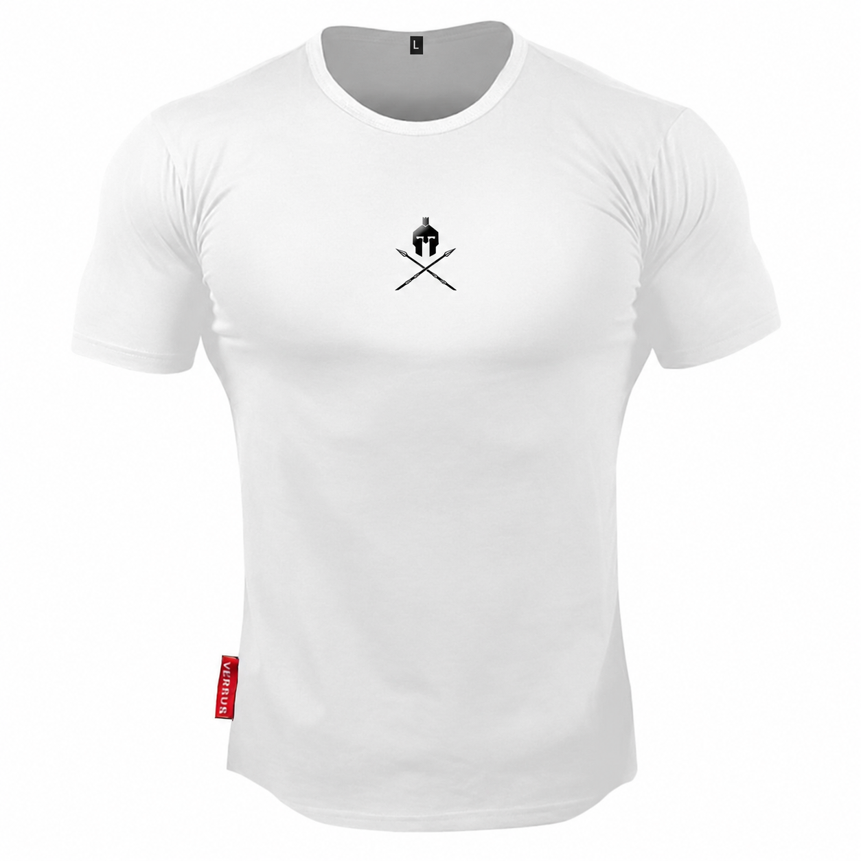 Clean White: Mens white muscle fit tee with small warrior crest chest graphic