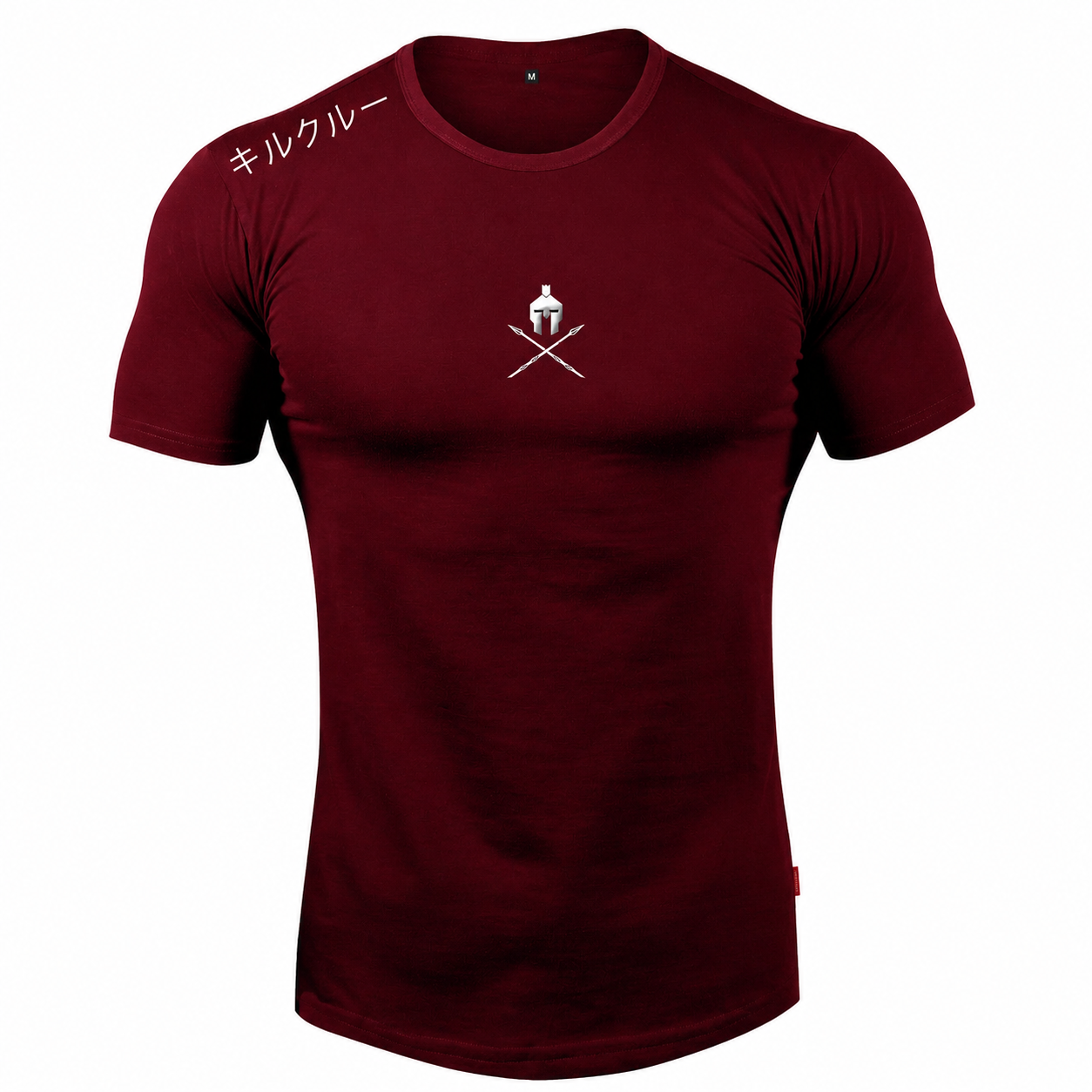 Deep Burgundy: Mens burgundy muscle fit tee with shoulder script and chest crest logo