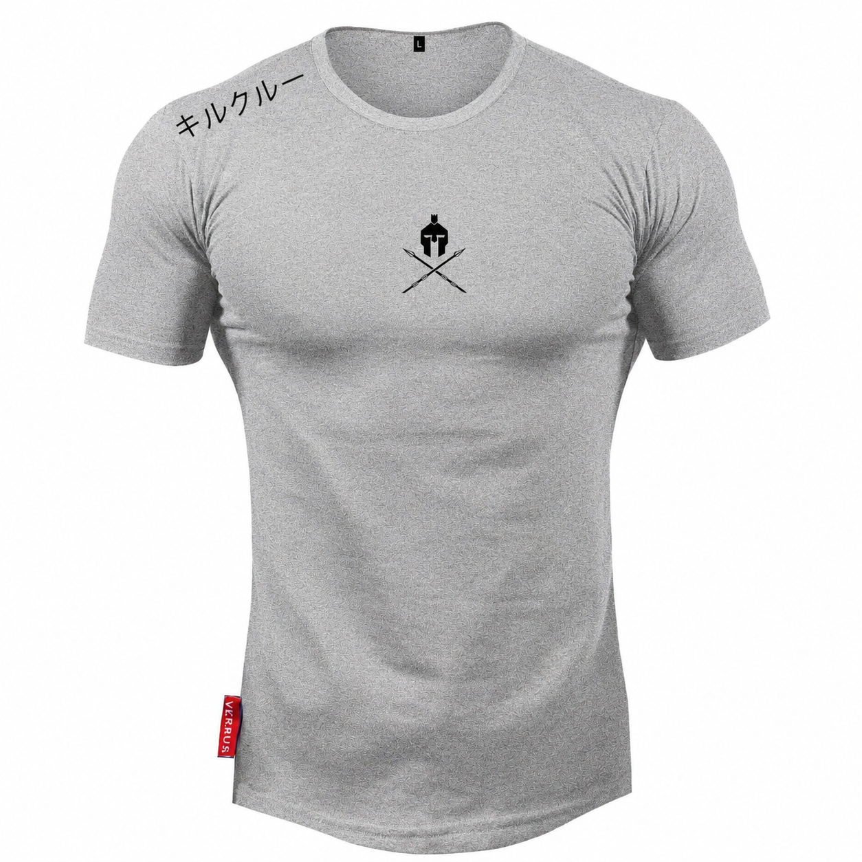 Heather Grey: Mens heather grey muscle fit tee with warrior crest chest graphic