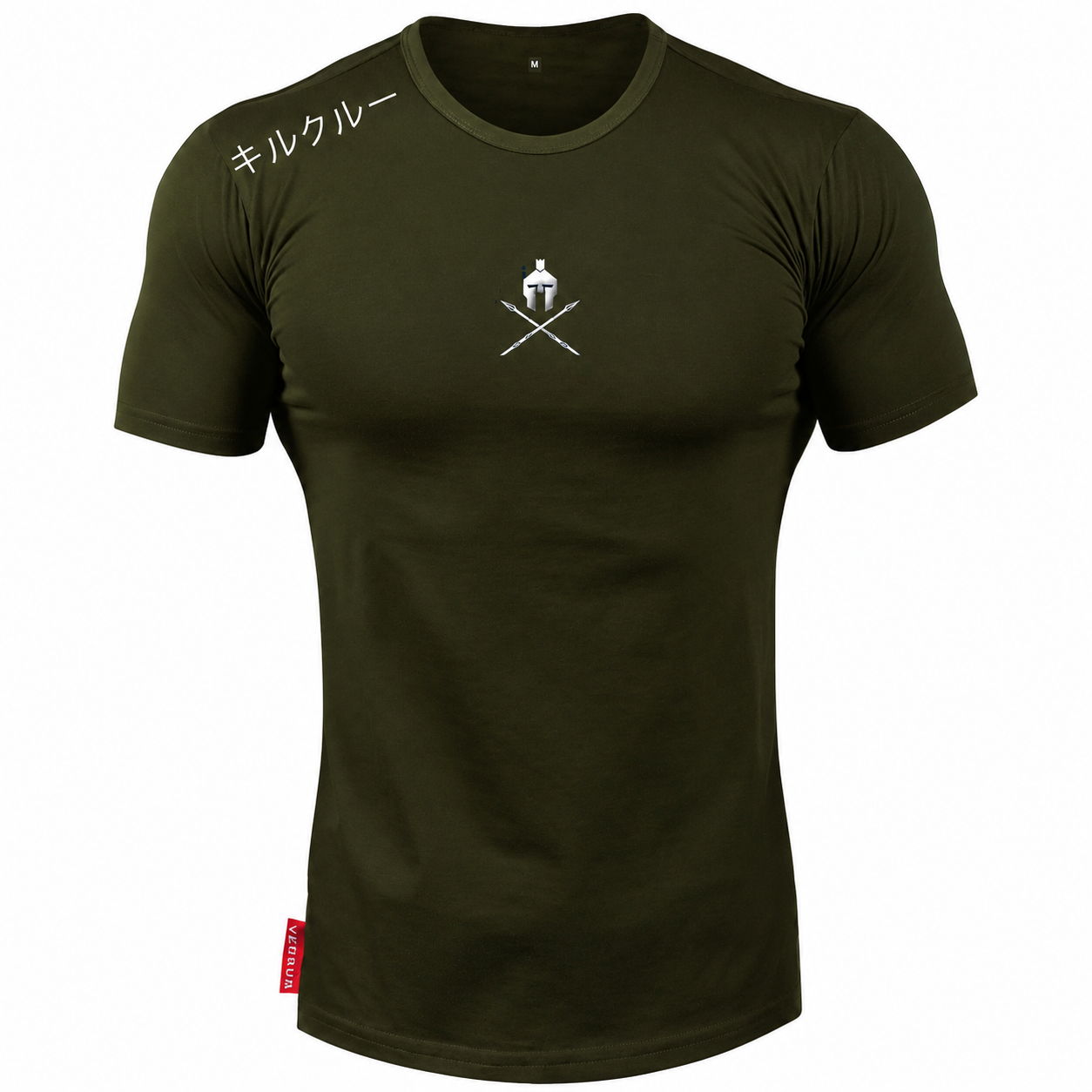 Olive Green: Mens olive green muscle fit tee with shoulder script and small chest logo