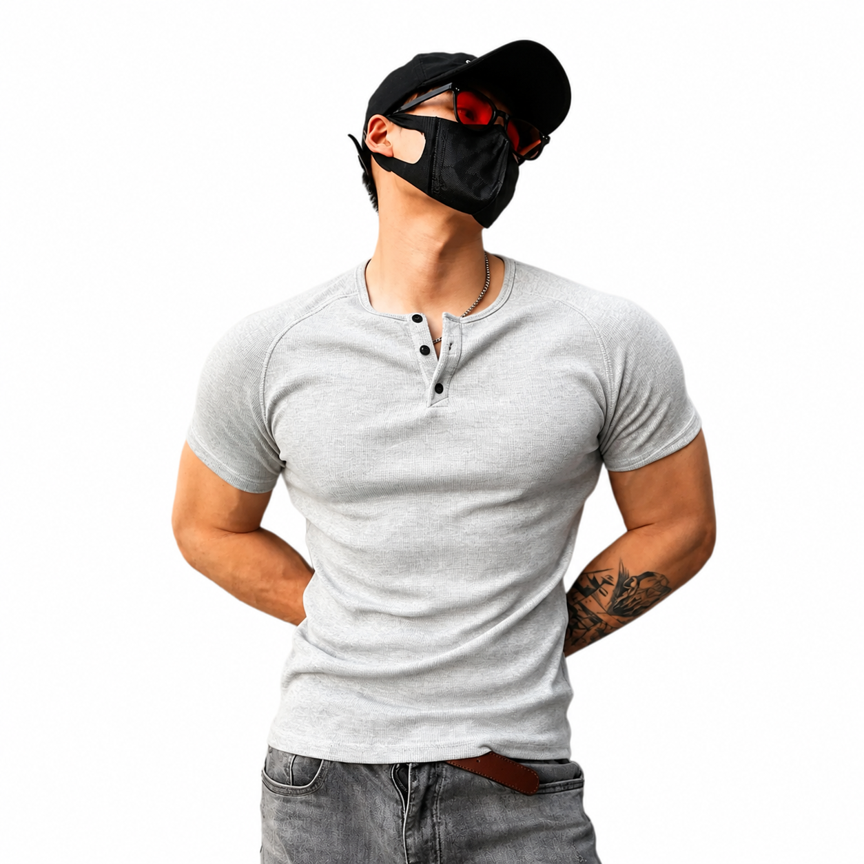 Heather Grey: Mens heather grey ribbed Henley muscle fit tee with short sleeves and button neckline