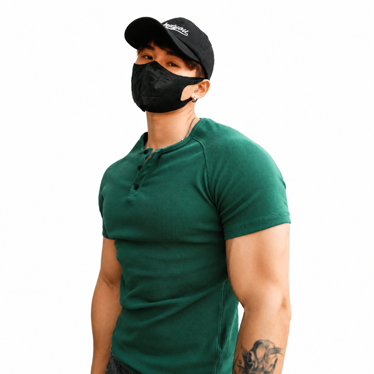 Forest Green: Mens forest green ribbed Henley muscle fit tee with athletic fit and button neck detail
