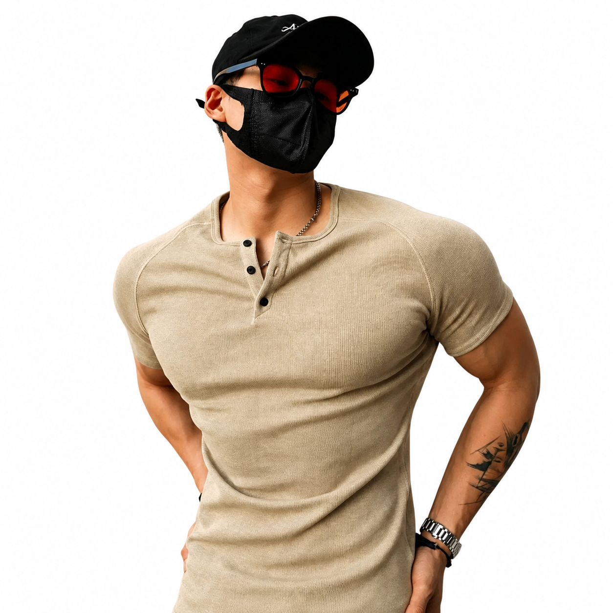 Sand Beige: Mens sand beige ribbed Henley muscle fit tee with short sleeves and fitted shape