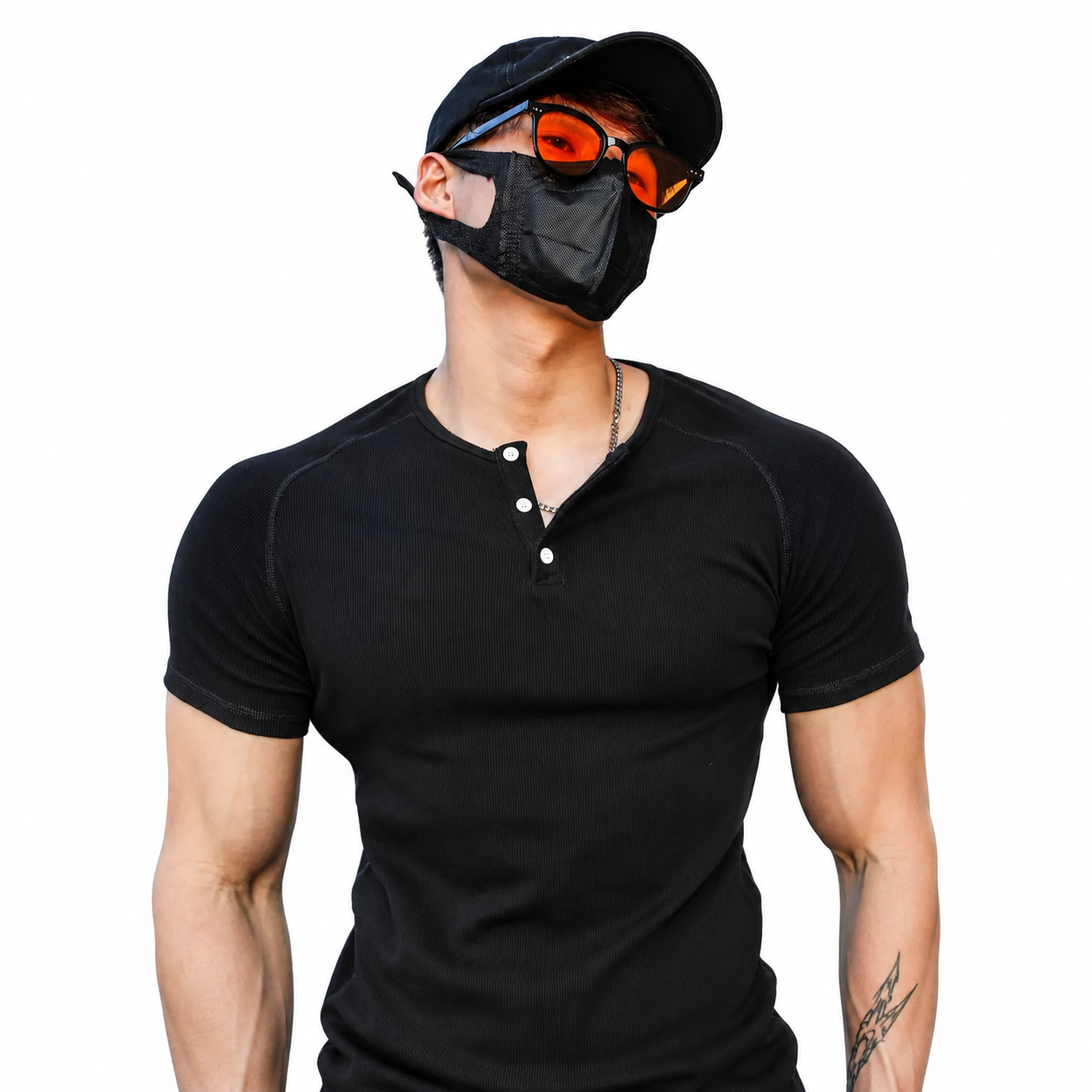 Core Black: Mens black ribbed Henley muscle fit tee with button neckline and close athletic fit
