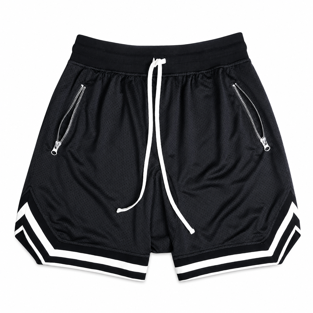 Core Black: Mens black mesh training shorts with zip pockets, white drawcord, and striped hem
