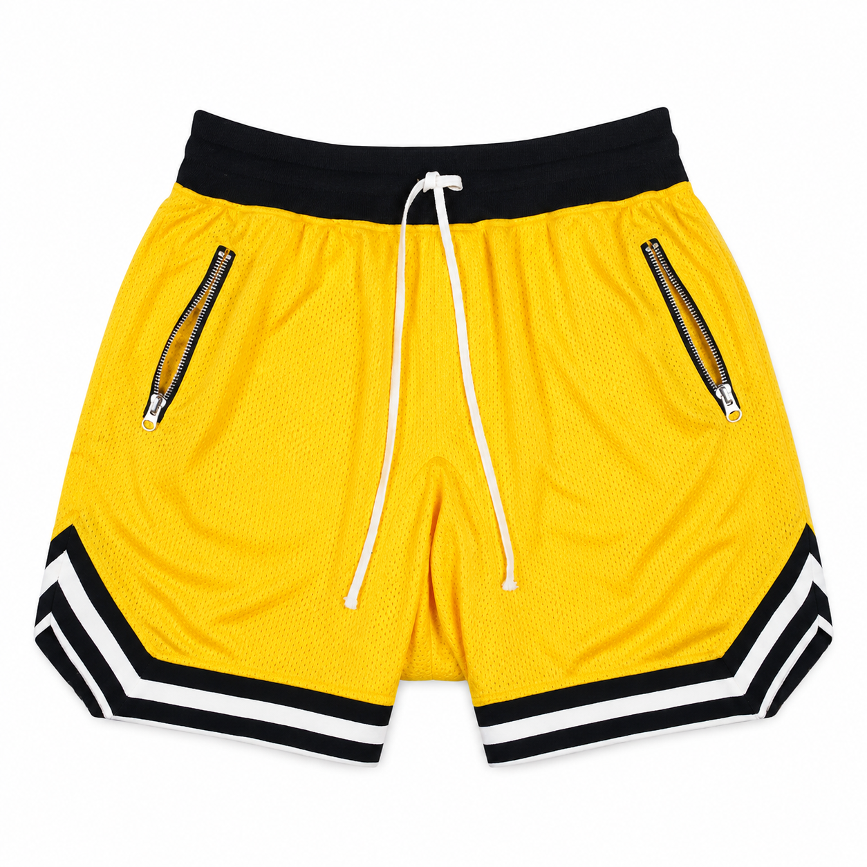 Sport Yellow: Mens yellow mesh training shorts with black waistband, zip pockets, and striped hem