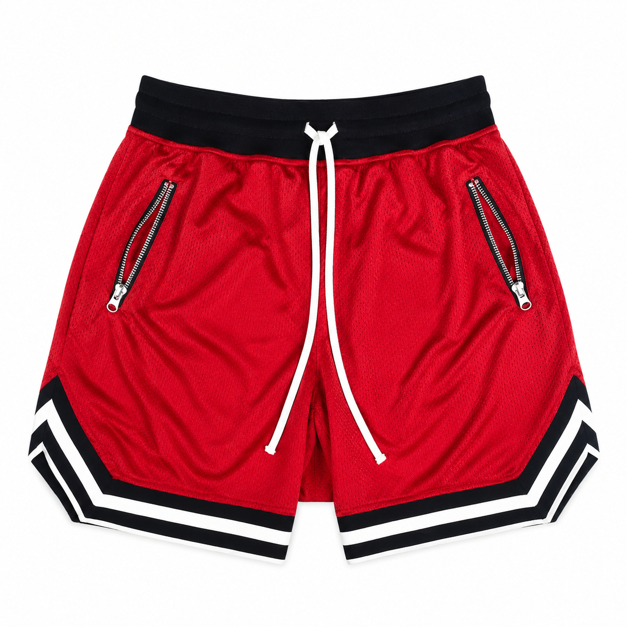 Power Red: Mens red mesh training shorts with white drawcord, zip pockets, and contrast striped hem