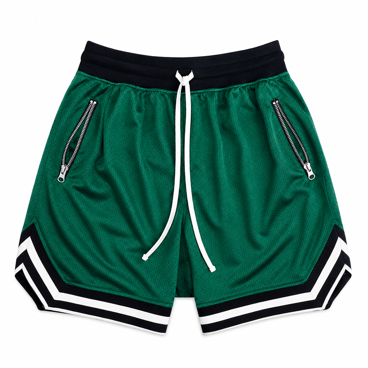 Emerald Green: Mens green mesh training shorts with black waistband, zip pockets, and striped hem