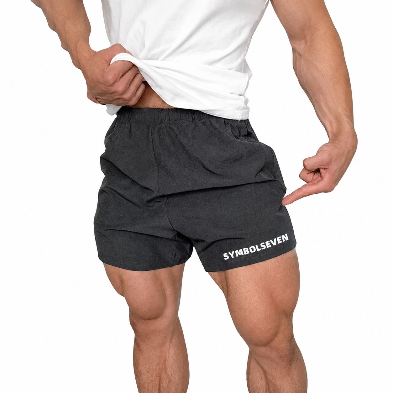 Charcoal Grey: Mens charcoal grey lightweight training shorts with elastic waistband and white hem logo