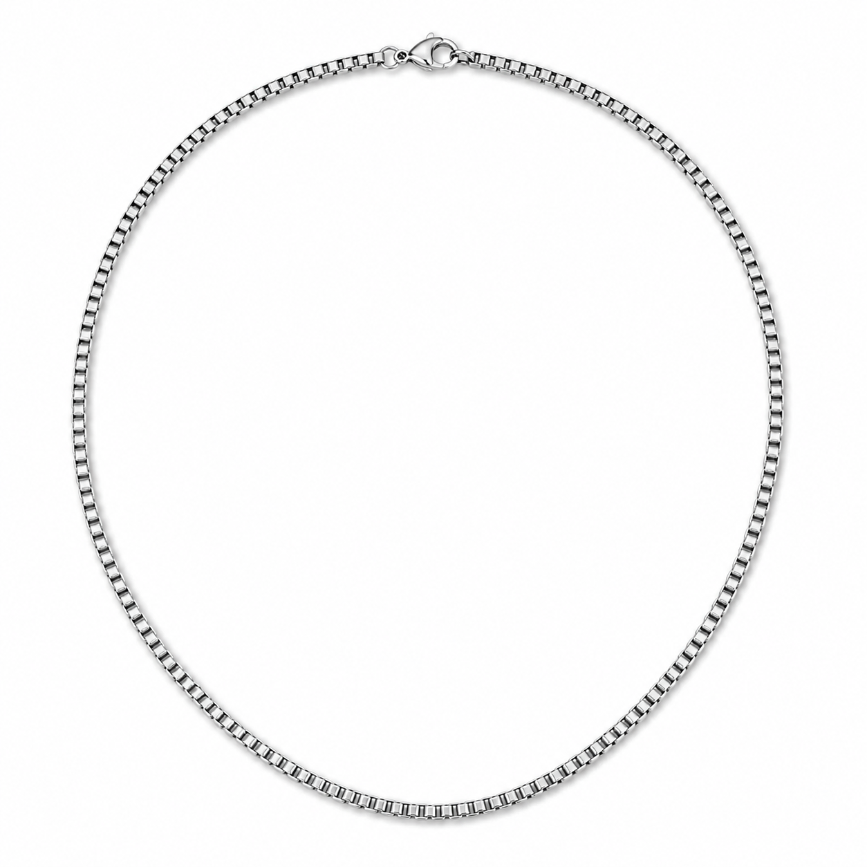 Polished Silver: Mens silver box chain necklace with compact square links and clasp closure