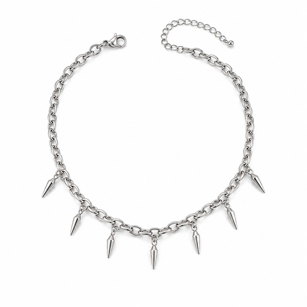 Polished Silver: Mens silver spike chain necklace with hanging spike charms and adjustable clasp