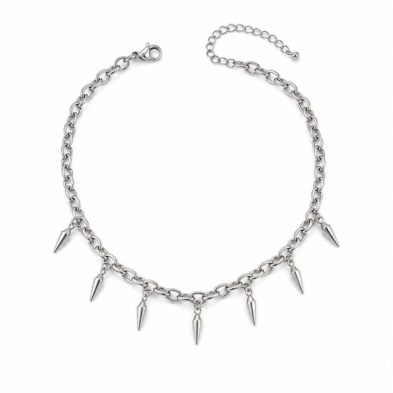 Polished Silver: Mens silver spike chain necklace with hanging spike charms and adjustable clasp