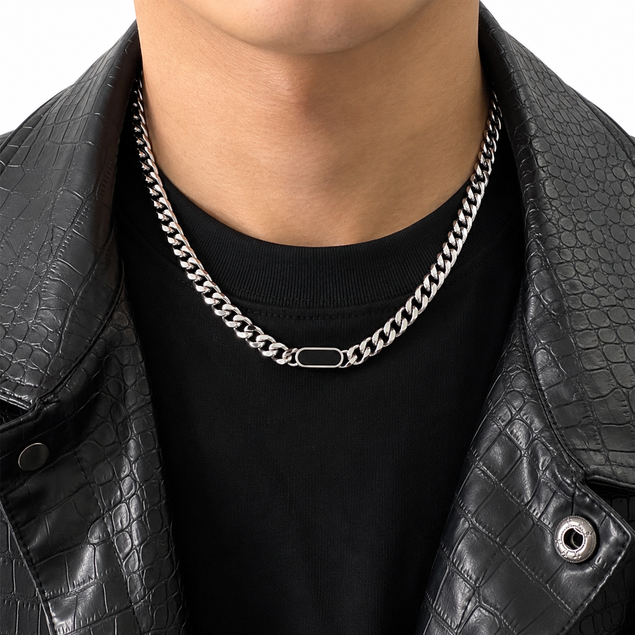silver cuban link necklace, mens cuban link chain, black tag necklace, silver chain necklace, mens chain necklace,