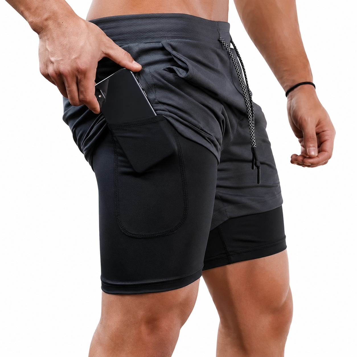 Charcoal grey men's 2-in-1 training shorts with black compression liner phone pocket