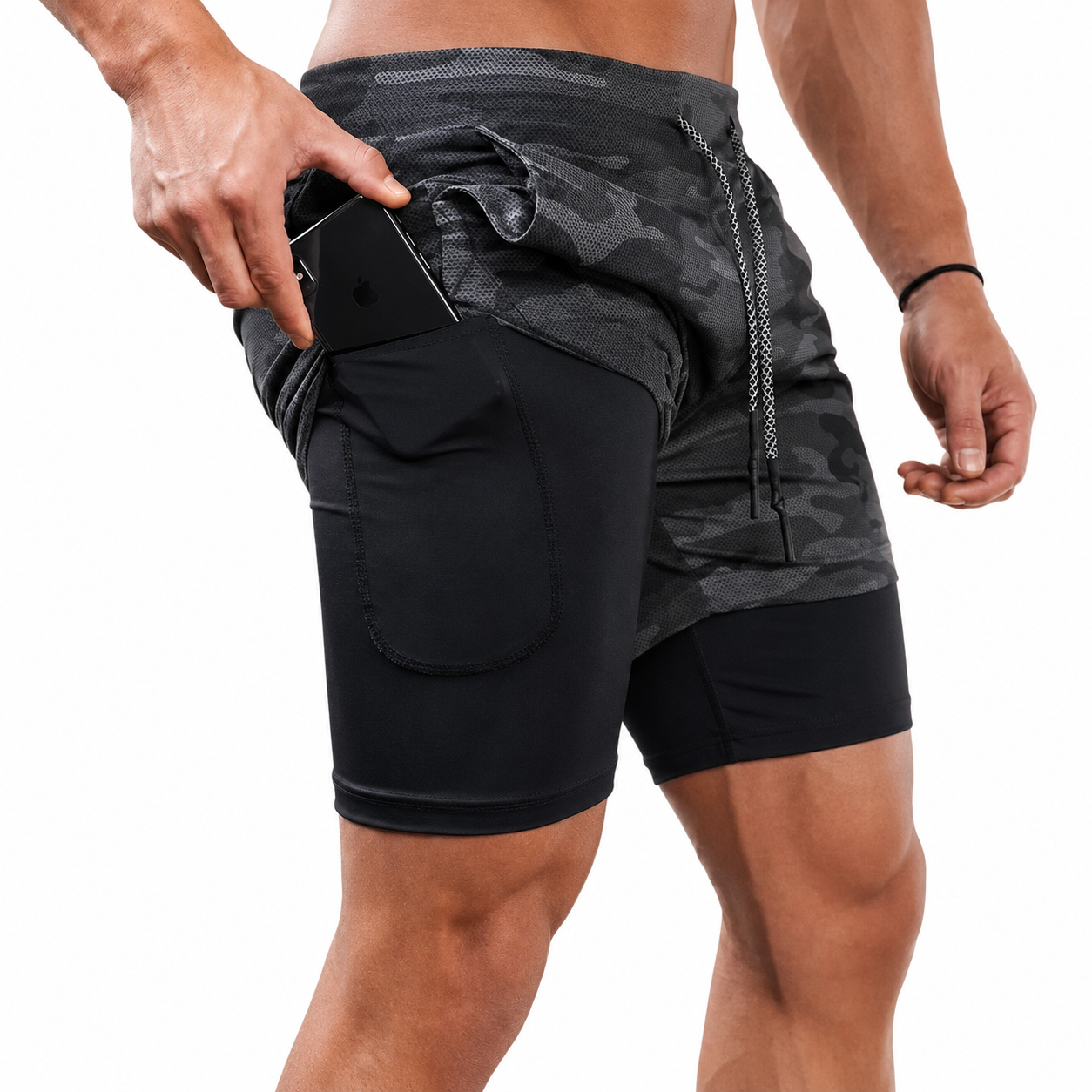 Black camo men's workout shorts with built-in liner and side phone pocket