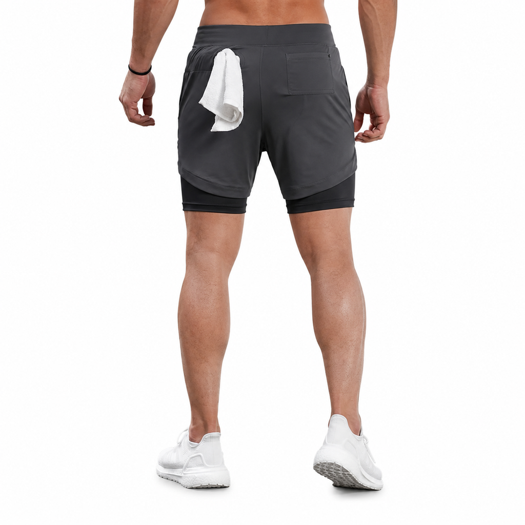Rear view of charcoal grey men's 2-in-1 training shorts with back pocket and towel detail