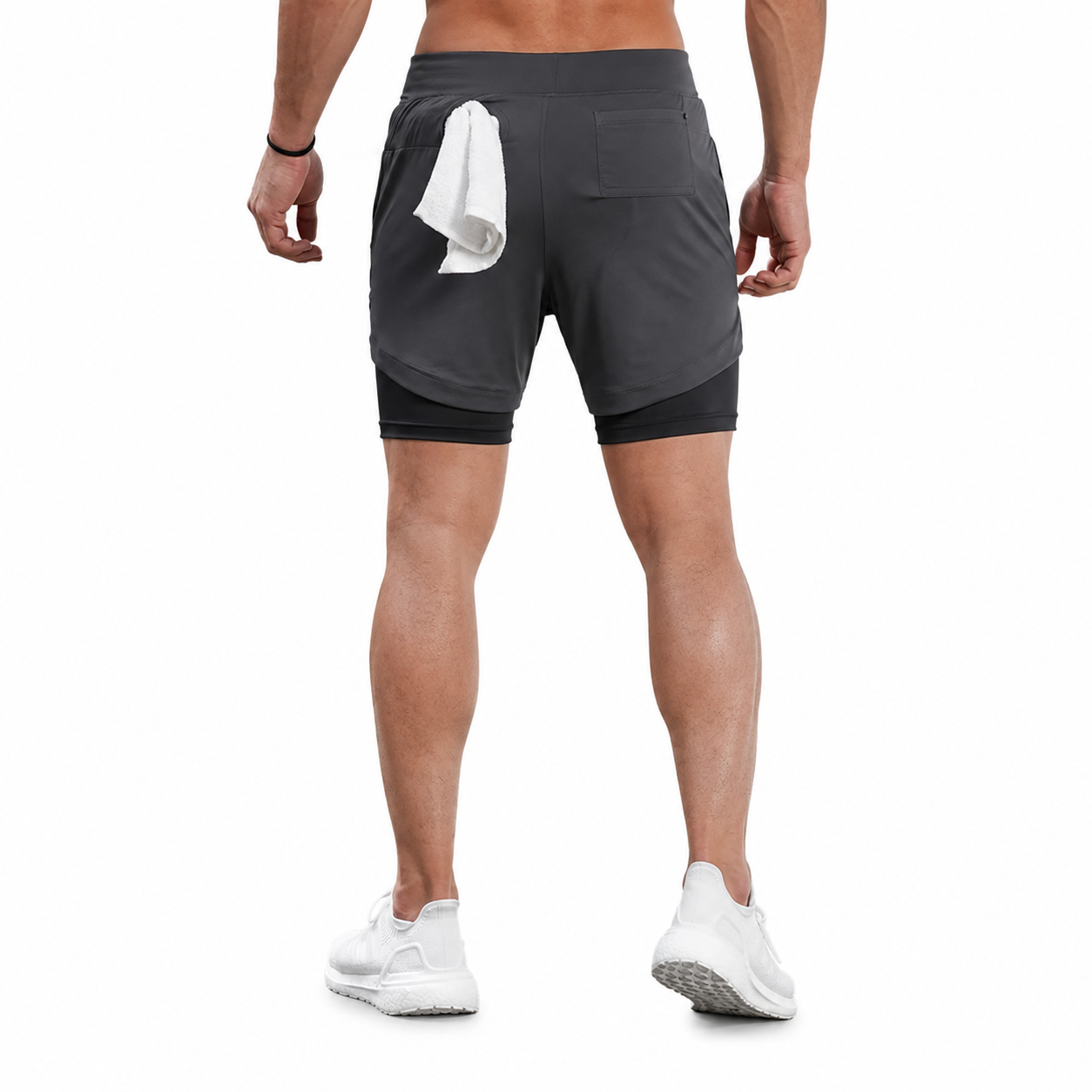 Rear view of charcoal grey men's 2-in-1 training shorts with back pocket and towel detail