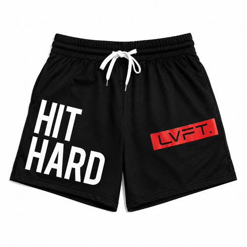 Black men's graphic mesh training shorts with white drawstring and bold front print