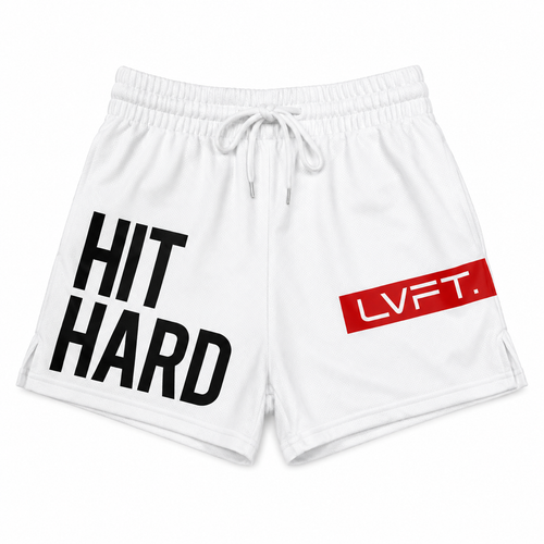 White men's graphic mesh training shorts with black front print and red graphic detail