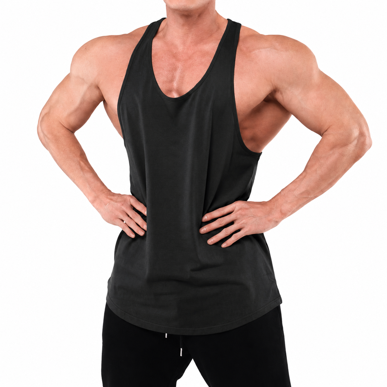 Black men's stringer gym tank top with open sides and athletic fit