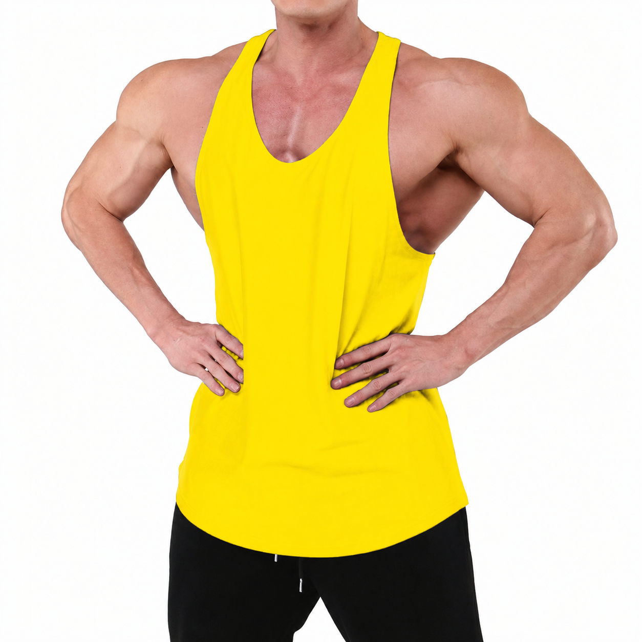 Yellow men's sleeveless training tank top with deep side openings