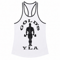 Varenform white black trim vintage graphic racerback stringer tank top for men with deep armholes and shoulder-enhancing gym fit
