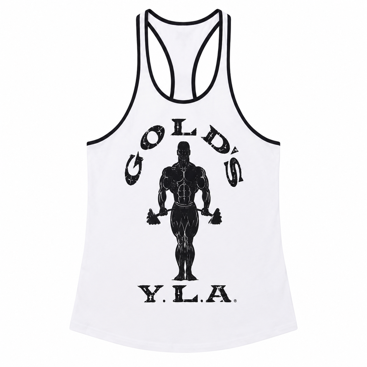 Varenform white black trim vintage graphic racerback stringer tank top for men with deep armholes and shoulder-enhancing gym fit
