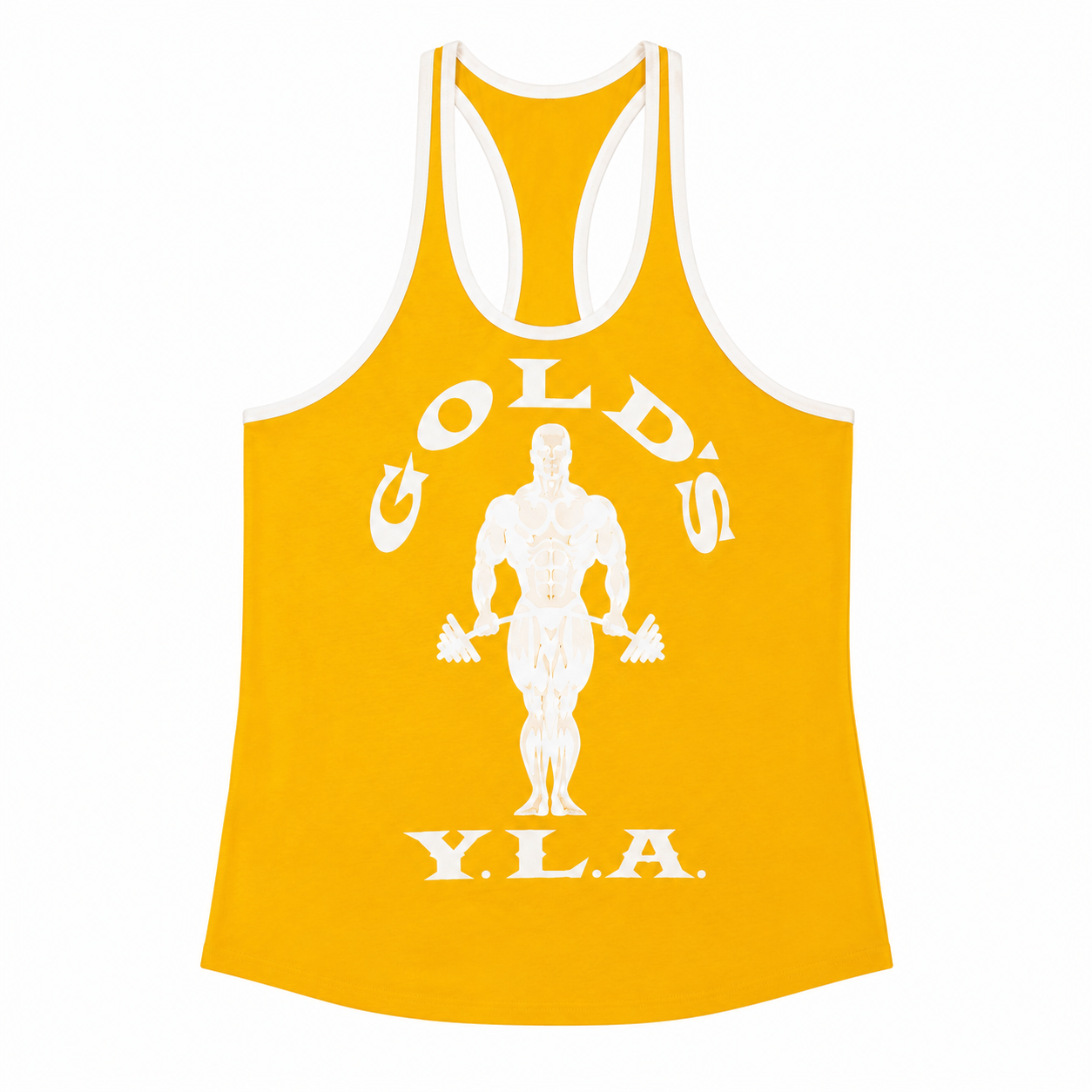 Varenform yellow white trim vintage graphic racerback stringer tank top for men with open armholes and bold gym graphic