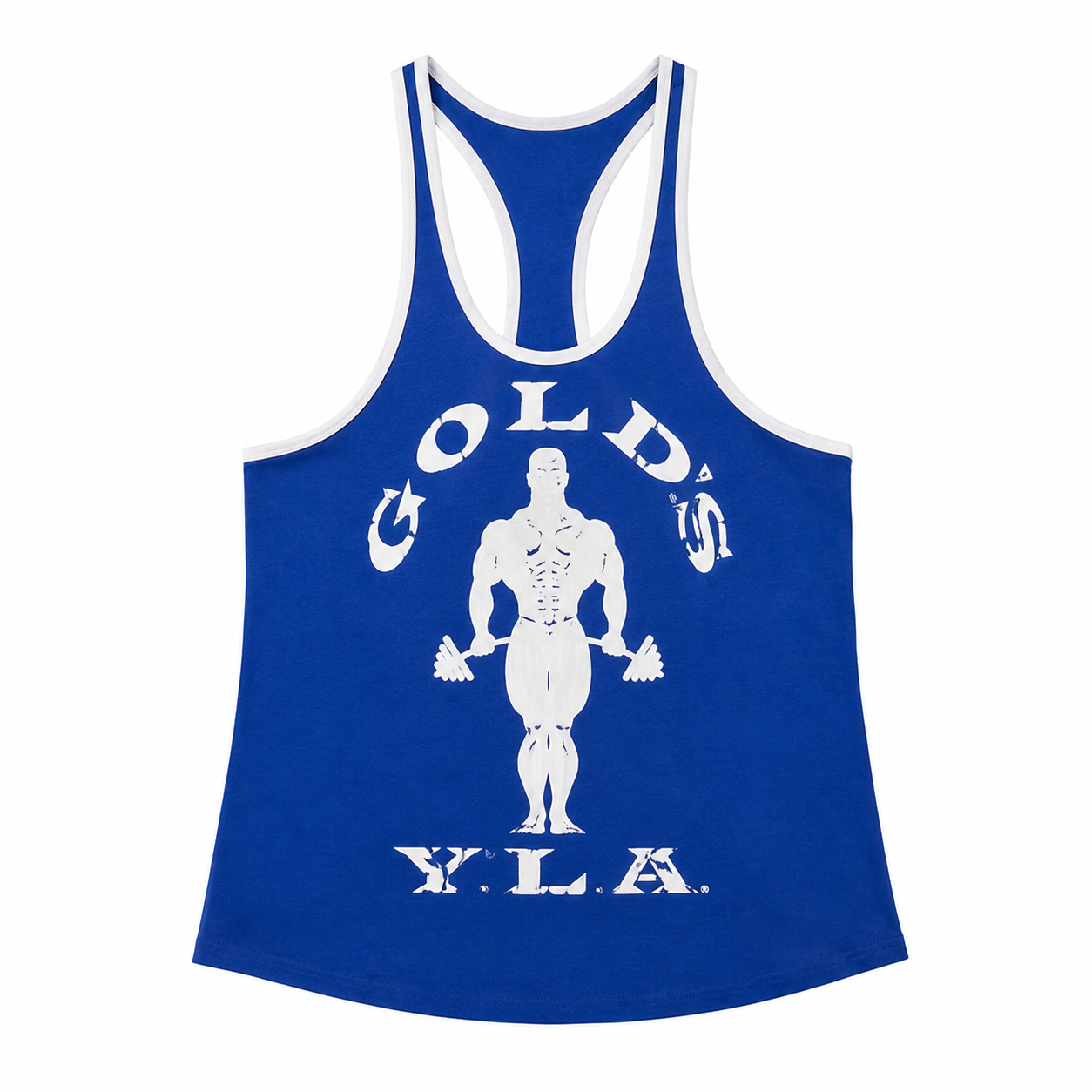 Varenform royal blue white trim vintage graphic racerback stringer tank top for men with racerback cut and clean waist fit