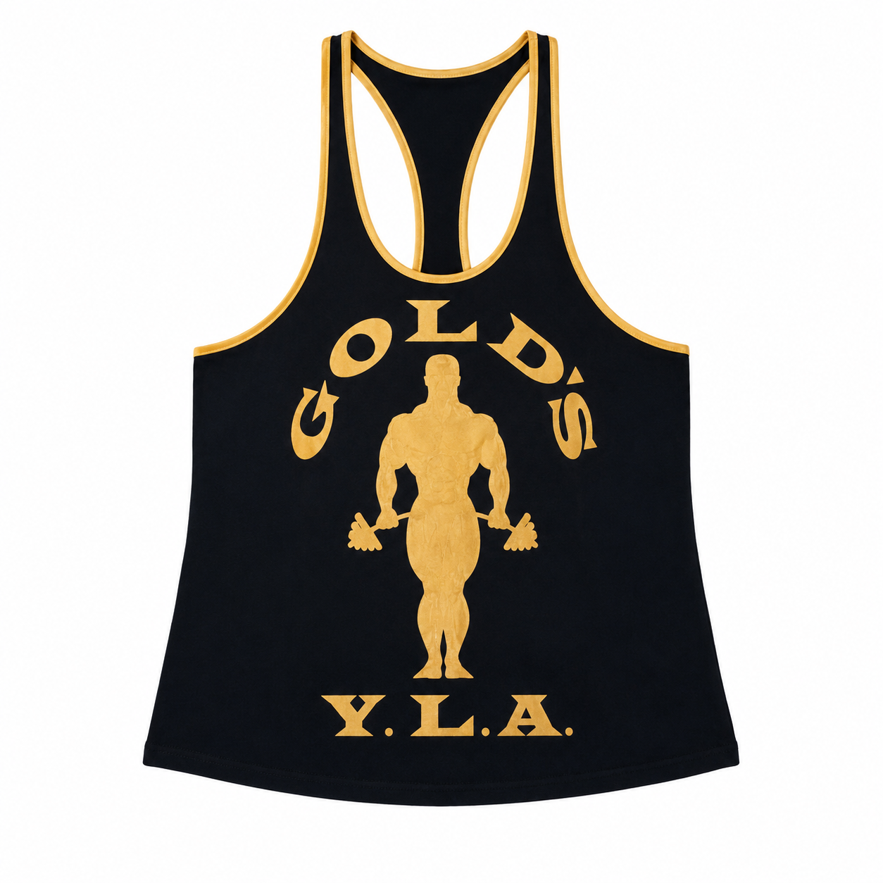Varenform black gold trim vintage graphic racerback stringer tank top for men with bold bodybuilding graphic and sharp athletic fit