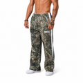 Olive camo men's relaxed side-stripe training pants with elastic waistband