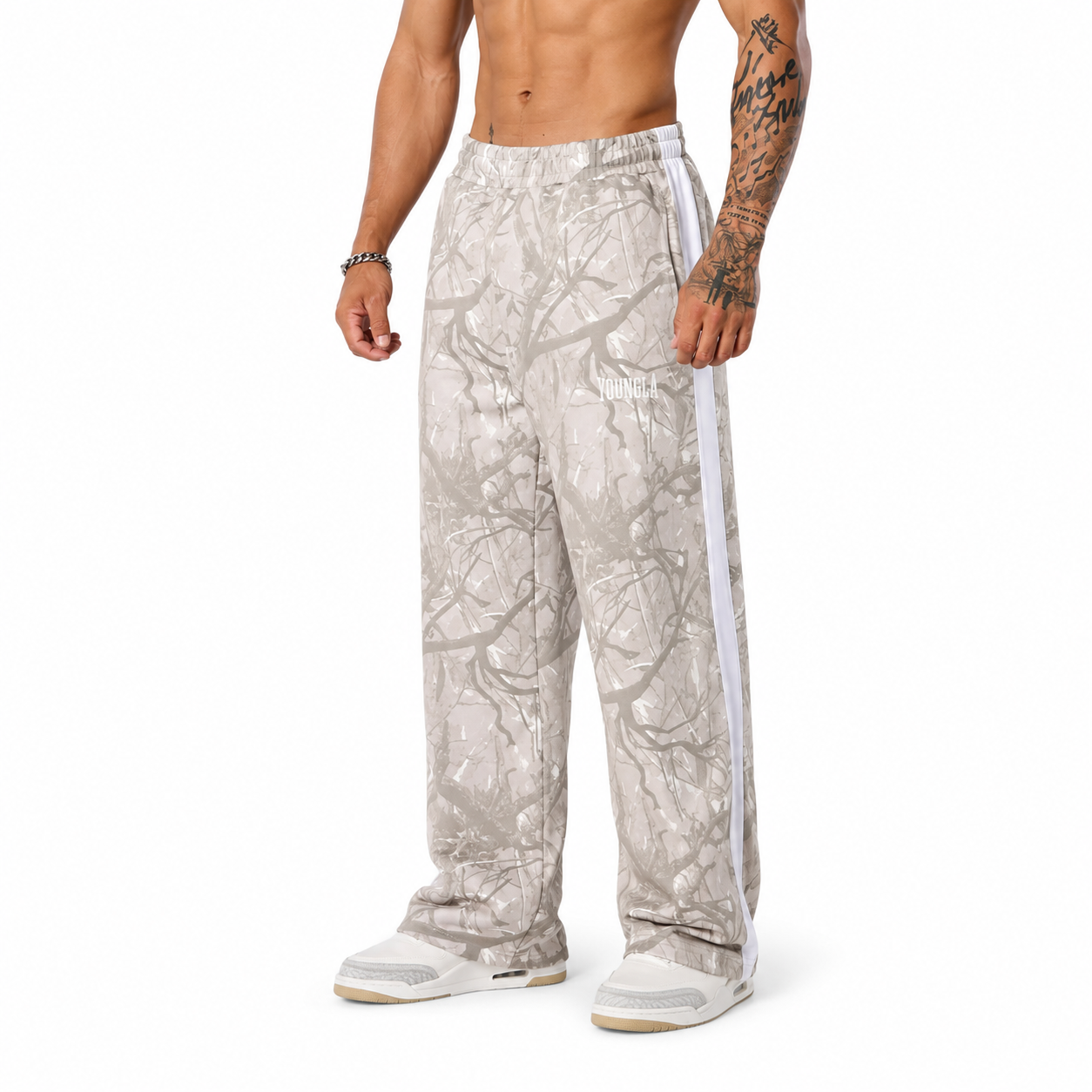 Light grey camo men's side-stripe track pants with elastic waist