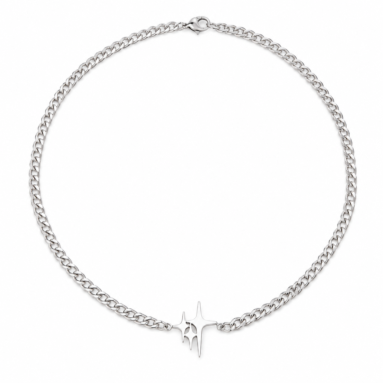 Silver-tone curb chain necklace with abstract spike pendant on white background