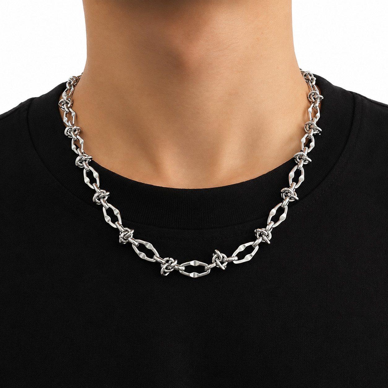 Varenform men’s sculpted link chain necklace worn with a black T-shirt for a sharp neckline look